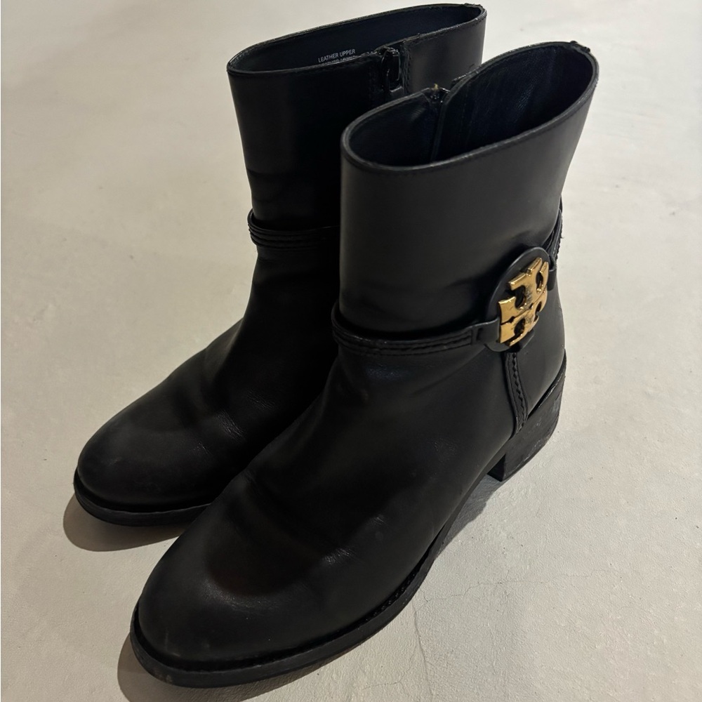 Tory Burch Black Heeled Boots with Gold Emblem